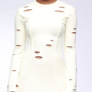 Raw Cutout Mini Dress Long Sleeve-Cream Color Size SMALL | FREE SHIPPING
